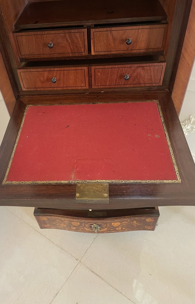 Antique Victorian French Quality Kingwood Marquetry Inlaid Marble Top Bombe Shaped Secretaire Chest - Image 8